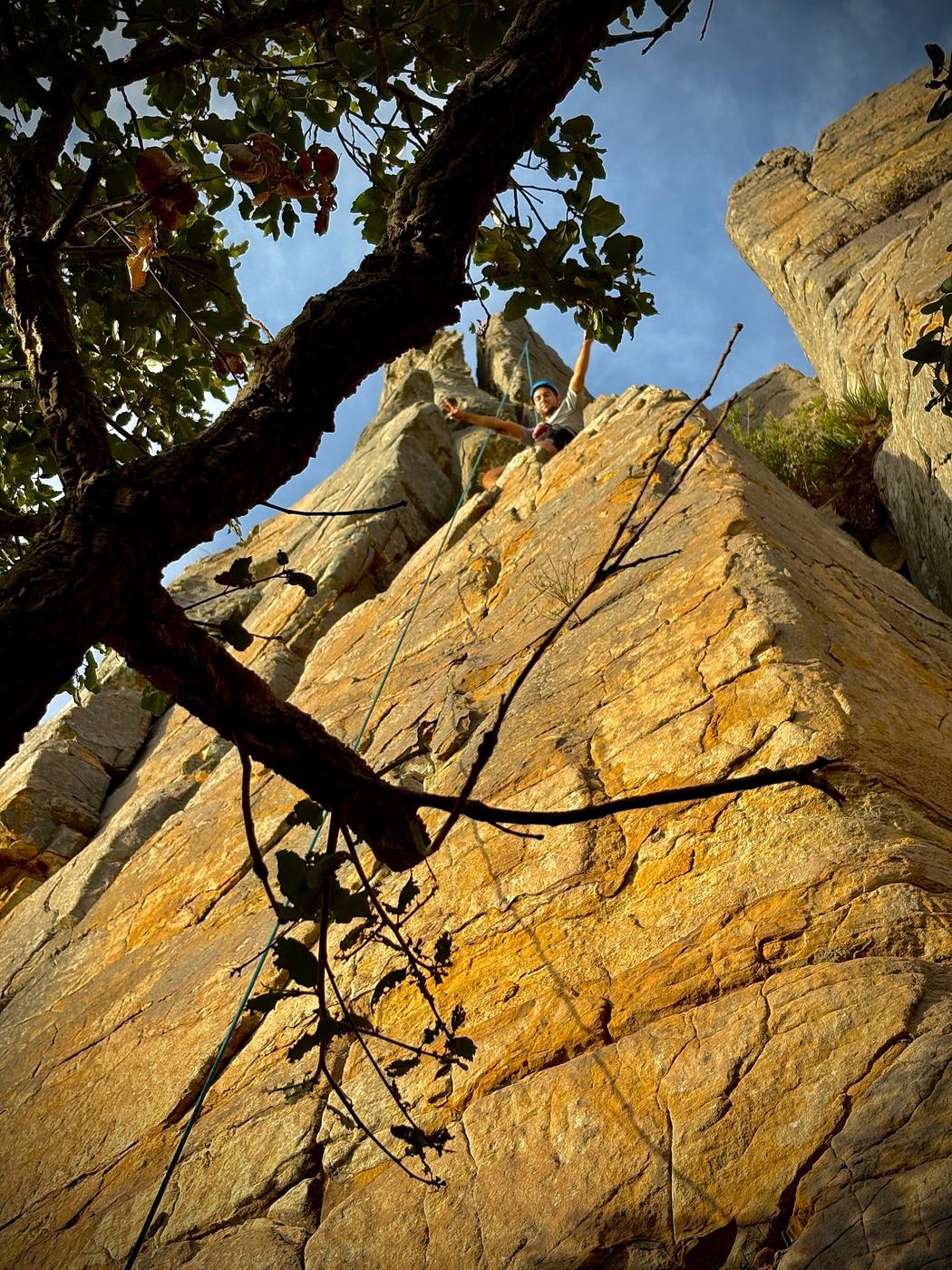 Climber scaling a golden limestone wall at Cap Spartel, Tangier